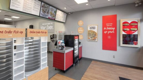 This photo shows the interior of a redesigned Papa Murphy's location with no people visible in the photo.