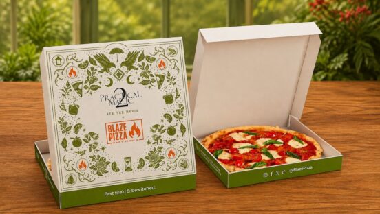 This photo shows a themed customized "Practical Magic 2" pizza box and the Mystic Margherita Pizza in a separate box.