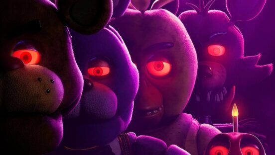 This photo shows a group of creepy animatronic bear characters with glowing red eyes in moody purple lighting.