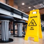This photo shows a yellow sign that reads "Caution: Wet Floor" on the floor of a restaurant.
