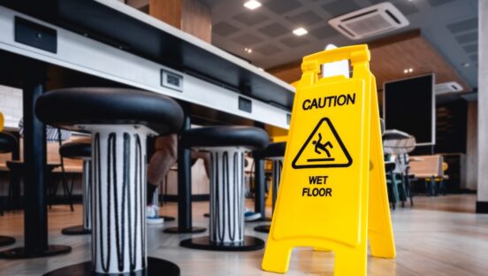 This photo shows a yellow sign that reads "Caution: Wet Floor" on the floor of a restaurant.