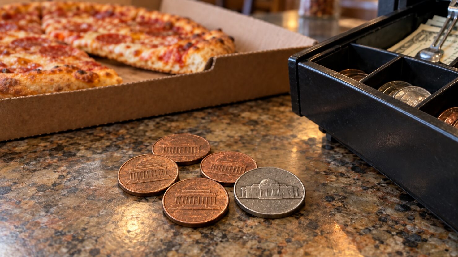 This photo shows four pennies and a nickel next to an open cash register, with a boxed pizza nearby.