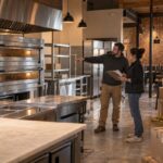 This photo shows a man and a woman, casually dressed, in a pizza kitchen still under construction, with the man pointing to the oven and a woman holding a clipboard as if they're performing an inspection on the kitchen equipment.