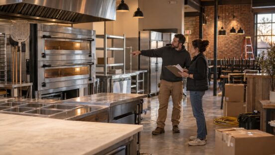 This photo shows a man and a woman, casually dressed, in a pizza kitchen still under construction, with the man pointing to the oven and a woman holding a clipboard as if they're performing an inspection on the kitchen equipment.