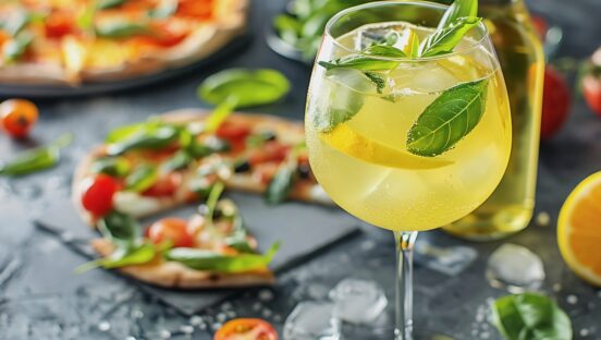 This photo shows a Limoncello spritz drink at a table with pizza and antipasti in the background.