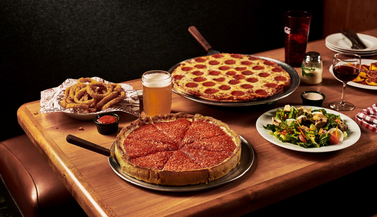 Beggars Pizza retro photo of food spread
