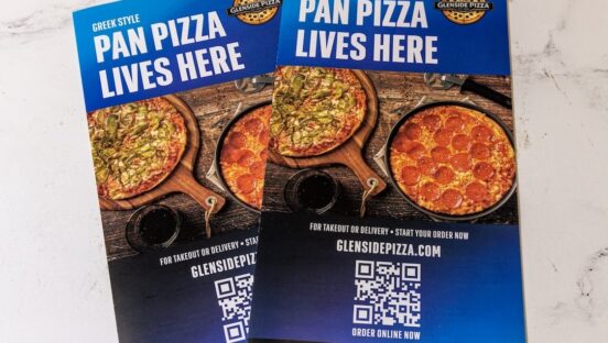 This photo shows a pair of Glenside Pizza flyers with QR codes prominently featured at the bottom.